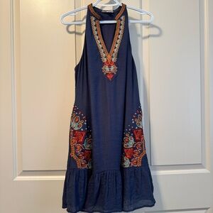 THML Navy ‘Roonie’ Embroidered Sleeveless V-neck Dress with ruffled hem Sz S